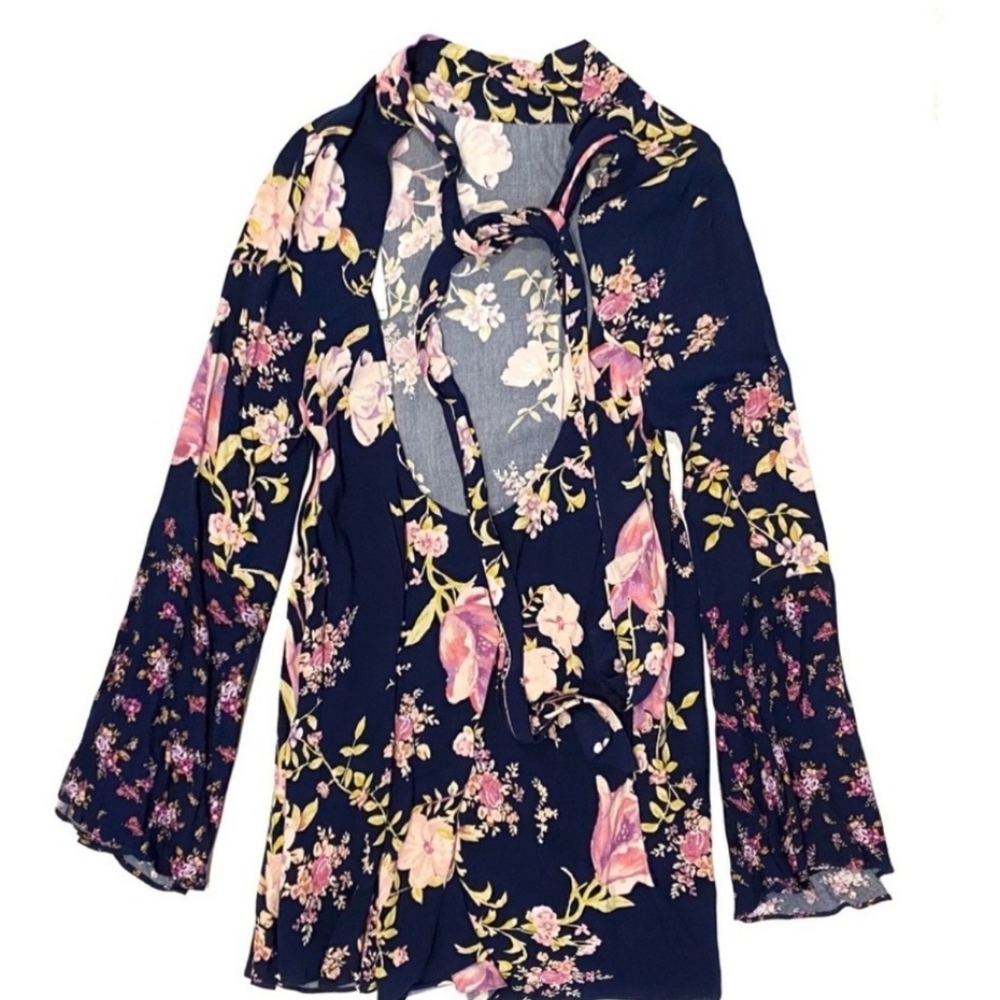 Free People Tate Tunic Mini Dress Floral Blue Midnight Combo XS NWT